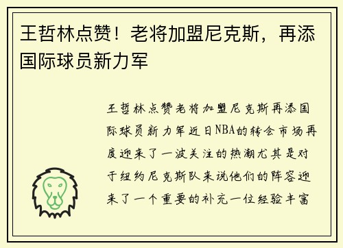 王哲林点赞！老将加盟尼克斯，再添国际球员新力军