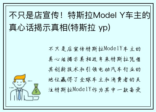 不只是店宣传！特斯拉Model Y车主的真心话揭示真相(特斯拉 yp)