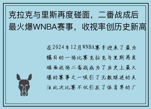 克拉克与里斯再度碰面，二番战成后最火爆WNBA赛事，收视率创历史新高