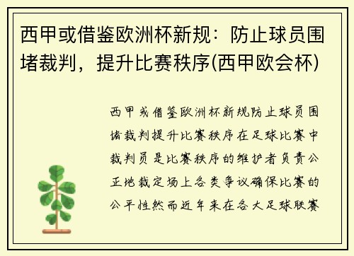 西甲或借鉴欧洲杯新规：防止球员围堵裁判，提升比赛秩序(西甲欧会杯)